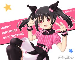 Rule 34 | 1girl, :d, black hair, black thighhighs, blush, character name, commentary request, double m/, hair between eyes, hair bobbles, hair ornament, hands up, happy birthday, kuromi, looking at viewer, love live!, love live! school idol festival, love live! school idol project, m/, mitya, nico nico nii, onegai my melody, open mouth, pink ribbon, pink shirt, puffy short sleeves, puffy sleeves, red eyes, ribbon, round teeth, sanrio, shirt, short sleeves, sidelocks, skirt, skull, smile, solo, star (symbol), striped clothes, striped shirt, teeth, thighhighs, twintails, twitter username, upper teeth only, vertical-striped clothes, vertical-striped shirt, white skirt, yazawa nico