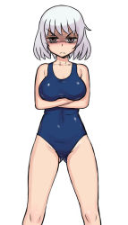 Rule 34 | &gt;:(, 10s, 1girl, 774 (nanashi), breast hold, breasts, brown eyes, crossed arms, frown, new school swimsuit, one-piece swimsuit, school swimsuit, shaded face, short hair, silver hair, simple background, solo, standing, swimsuit, tonari no seki-kun, v-shaped eyebrows, white background, yokoi rumi