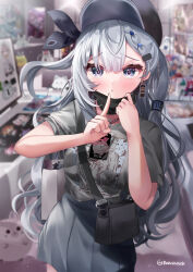 Rule 34 | 1girl, absurdres, bag, bazo (vestia zeta), blurry, blurry background, blush, casual, earrings, grey eyes, grey hair, hat, highres, hololive, hololive indonesia, index finger raised, indoors, jewelry, long hair, looking at viewer, mask, mouth mask, parted lips, rokusketch, shoulder bag, twitter username, vestia zeta, virtual youtuber