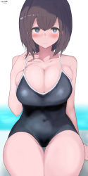 Rule 34 | 1girl, bare arms, bare legs, black one-piece swimsuit, blush, breasts, brown hair, cleavage, closed mouth, collarbone, commentary request, covered navel, green eyes, highres, large breasts, one-piece swimsuit, original, school swimsuit, signature, simple background, sitting, skindentation, solo, swimsuit, thighs, wet, yuzuki himuka