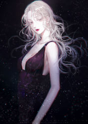 Rule 34 | 1girl, absurdres, black dress, breasts, chinese text, chromatic aberration, cleavage, closed mouth, colored skin, commentary request, dress, highres, lips, long hair, medium breasts, moss (2225028), nose, red lips, sky, solo, star (sky), starry sky, white hair, white skin