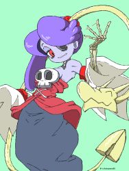 Rule 34 | 1girl, blue hair, blue skin, colored skin, detached collar, detached sleeves, dress, eye socket, green background, hair over one eye, leviathan (skullgirls), nikukoppun60, red eyes, side ponytail, skeletal arm, skullgirls, smile, solo, squigly (skullgirls), stitched mouth, stitches, striped sleeves, zombie