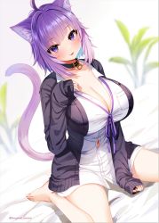 Rule 34 | 1girl, :p, ahoge, animal ear fluff, animal ears, artist name, bare legs, barefoot, black choker, black jacket, blouse, blush, breasts, cat ears, cat girl, choker, cleavage, commentary request, female focus, hololive, huge breasts, jacket, long sleeves, looking at viewer, marota, neck ribbon, nekomata okayu, nekomata okayu (oversized shirt), no pants, official alternate costume, open clothes, open jacket, purple eyes, purple hair, purple ribbon, ribbon, shirt, short hair, sitting, sleeves past wrists, smile, solo, thighs, tongue, tongue out, twitter username, virtual youtuber, wariza, white background, white shirt