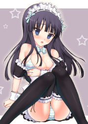 Rule 34 | 00s, 1girl, akiyama mio, alternate costume, apron, ass, black hair, blue eyes, blunt bangs, bow, bowtie, bra, breasts, cameltoe, cleavage, detached collar, dress, enmaided, female focus, frilled thighhighs, frills, hairband, highres, hime cut, k-on!, kotobuki utage, large breasts, lingerie, looking at viewer, maid, maid apron, maid headdress, panties, solo, striped clothes, striped panties, tears, thighhighs, underwear, undressing, upskirt, wrist cuffs