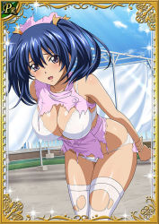 Rule 34 | 00s, 1girl, bashoku youjou, blue hair, breasts, card (viewer), cleavage, curvy, female focus, hair ornament, ikkitousen, large breasts, looking at viewer, nurse, panties, purple eyes, shiny skin, short twintails, twintails, underwear