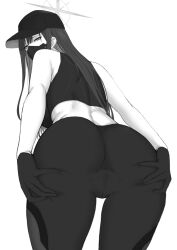 Rule 34 | 1girl, ass, ass grab, back, baseball cap, bent over, blue archive, come hither, commentary, covered mouth, cowboy shot, crop top, crotch seam, from behind, gloves, gomu (chewinggom), grabbing own ass, greyscale, halo, hat, highres, long hair, looking at viewer, looking back, mask, monochrome, mouth mask, pants, saori (blue archive), shirt, simple background, sleeveless, sleeveless shirt, solo, spread anus under clothes, spread ass, spread pussy under clothes, standing, straight hair, tight clothes, tight pants, white background
