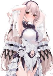 Rule 34 | 1girl, absurdres, armpits, arms up, azur lane, black hairband, blush, breasts, brown hair, closed mouth, clothing cutout, cowboy shot, dress, flower, formidable (azur lane), formidable (timeless classics) (azur lane), hairband, highres, impossible clothes, impossible dress, large breasts, long hair, navel, navel cutout, nephthys2356, official alternate costume, red eyes, rose, simple background, sleeveless, sleeveless dress, solo, thighs, twintails, veil, very long hair, waist cape, white background, white dress, white flower, white rose