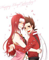 Rule 34 | 00s, 2boys, bare shoulders, belt, blue eyes, blush, brown eyes, brown hair, buttons, coat, couple, happy, headband, hug, lloyd irving, long hair, looking at viewer, male focus, multiple boys, open mouth, petals, red hair, ribbon, ritsuka, short hair, simple background, smile, spiked hair, suspenders, tales of (series), tales of symphonia, text focus, yaoi, zelos wilder
