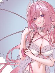 Rule 34 | 1girl, absurdres, bare shoulders, bikini, breasts, earrings, elf, elysia (honkai impact), heart, heart necklace, highres, holding, holding umbrella, honkai (series), honkai impact 3rd, jewelry, large breasts, long hair, looking at viewer, navel, necklace, pink hair, pink pupils, pointy ears, purple eyes, ringeko-chan, solo, swimsuit, umbrella, unfinished, very long hair, white background, white bikini, white headdress