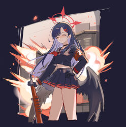 Rule 34 | 1girl, absurdres, ahoge, armband, black choker, black gloves, black hair, black sailor collar, black serafuku, black skirt, black wings, blue archive, choker, closed eyes, closed mouth, cropped legs, explosion, gloves, hair ornament, hairclip, halo, highres, ichika (blue archive), long hair, long sleeves, low wings, neckerchief, pleated skirt, red armband, red halo, red neckerchief, rero (bigdoorbig2), safety pin, sailor collar, school uniform, serafuku, skirt, smile, solo, weapon, wings