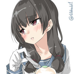Rule 34 | 10s, 1girl, bad id, bad twitter id, black hair, blush, collarbone, ebifurya, eyebrows, food, gloves, highres, holding, holding spoon, ice cream, inactive account, isokaze (kancolle), kantai collection, leaf, long hair, long sleeves, looking to the side, open mouth, portrait, red eyes, school uniform, serafuku, sidelocks, simple background, solo, spoon, twitter username, white background, white gloves