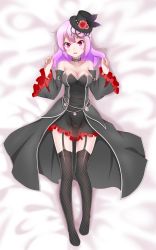 Rule 34 | 1girl, absurdres, apple nice, bare shoulders, black thighhighs, blush, breasts, choker, cleavage, dress, fishnet thighhighs, fishnets, flower, from above, full body, garter straps, hair between eyes, hat, hat feather, hat flower, highres, looking at viewer, lucid (maplestory), lying, maplestory, medium hair, pink eyes, pink hair, solo, thighhighs