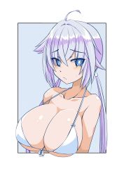 Rule 34 | 1girl, ahoge, bikini, blue eyes, blue hair, blush, breasts, bright pupils, cleavage, closed mouth, frame arms girl, front-tie top, hair flaps, highres, huge breasts, imagawa akira, long hair, looking away, looking to the side, solo, stylet, swimsuit, twintails, upper body, white bikini