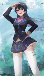 Rule 34 | 1girl, :d, absurdres, black hair, blazer, blush, breasts, forest, hand on own hip, highres, jacket, leaf, long hair, looking at viewer, nature, neck ribbon, nijisanji, open mouth, pleated skirt, purple eyes, ribbon, school uniform, skirt, smile, solo, suna6080, teeth, thighhighs, tsukino mito, tsukino mito (1st costume), virtual youtuber, white thighhighs, zettai ryouiki