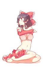 Rule 34 | 1girl, :o, bare shoulders, bow, bra, breasts, brown hair, commentary, hair bow, hair tubes, hakurei reimu, highres, image sample, looking to the side, medium breasts, navel, no toes, non (z-art), panties, red bow, red shirt, red skirt, shirt, simple background, sitting, skirt, solo, touhou, twitter sample, underwear, undressing, white background, white bra, white panties, yokozuwari