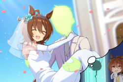 Rule 34 | 1boy, 1girl, :d, agnes tachyon (umamusume), bad id, bad pixiv id, beige jacket, beige vest, black neckwear, blue flower, blue rose, blue sky, breasts, bridal veil, brown hair, carrying, chibi, chibi inset, closed eyes, commentary request, dress, earrings, flower, formal, hair between eyes, hair flower, hair ornament, highres, horse girl, imagining, jewelry, medium breasts, nanashi-san, necktie, open mouth, outdoors, petals, princess carry, red eyes, rose, shirt, short hair, single earring, sky, sleeveless, sleeveless dress, sleeves past wrists, smile, strapless, strapless dress, suit, sweater, tiara, umamusume, veil, wedding, wedding dress, white dress, white flower, white rose, white shirt, yellow sweater