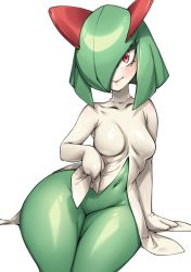 Rule 34 | 1girl, absurdres, blush, bob cut, breasts, clothes lift, collarbone, creatures (company), game freak, gen 3 pokemon, green hair, hair over one eye, highres, kirlia, looking at viewer, medium hair, naidong (artist), navel, nintendo, pokemon, pokemon (creature), red eyes, seductive smile, sitting, skirt, skirt lift, smile, solo, white background