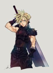 Rule 34 | aqua eyes, armor, bandaged arm, bandages, belt, black gloves, blonde hair, buster sword, cloud strife, cowboy shot, cropped legs, earrings, final fantasy, final fantasy vii, final fantasy vii remake, gloves, grey background, hair between eyes, holding, holding sword, holding weapon, jewelry, looking at viewer, mim (mimya0600), multiple belts, short hair, shoulder armor, signature, single bare shoulder, single earring, sleeveless, sleeveless turtleneck, spiked hair, suspenders, sword, toned, toned male, turtleneck, weapon, weapon on back