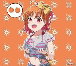Rule 34 | 1girl, a chika-tastic summer (love live!), alternate hairstyle, antenna hair, aqua nails, artist name, artist request, bare shoulders, bikini, bikini under clothes, blue pants, blue shorts, blush, bow, bracelet, braid, breasts, cleavage, clothes writing, collarbone, earrings, female focus, food, food-themed hair ornament, fruit, hair bow, hair ornament, hairclip, halterneck, hands on own breasts, heart (symbol), jan azure, jewelry, looking at viewer, love live!, love live! school idol festival, love live! school idol festival all stars, love live! sunshine!!, medium hair, nail, nail polish, off-shoulder shirt, off shoulder, open fly, orange (fruit), orange background, orange bow, orange hair, orange hair ornament, orange nails, pants, parted bangs, parted lips, pearl bracelet, pink bikini, polka dot, polka dot bow, ponytail, red eyes, ribbon, see-through, see-through shirt, see-through sleeves, shirt, short hair, short sleeves, shorts, side braid, side ponytail, single braid, smile, solo, strap slip, striped bikini, striped bow, striped clothes, striped pants, striped shorts, striped tank top, suspenders, suspenders hanging, swimsuit, takami chika, tank top, teeth, triangle hair ornament, two-tone bikini, v-shaped eyebrows, vertical-striped clothes, vertical-striped shorts, wrist bow, yellow bow, yellow ribbon