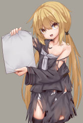 Rule 34 | 1girl, ?, black serafuku, black thighhighs, blonde hair, commentary request, crescent, crescent pin, flat chest, grey background, highres, holding, holding sign, kantai collection, logiclr, long hair, necktie, panties, satsuki (kancolle), school uniform, serafuku, sign, simple background, solo, template, thighhighs, torn clothes, twintails, underwear, white necktie, white panties, yellow eyes