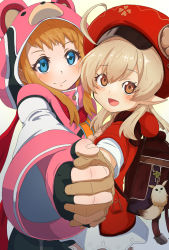 Rule 34 | 2girls, :d, absurdres, ahoge, aiming, aiming at viewer, animal hood, apple (monster strike), backpack, bad id, bad pixiv id, bag, bear hood, blue eyes, brown gloves, brown hair, brown scarf, cabbie hat, clover print, coat, commentary request, crossover, dodoco (genshin impact), fingerless gloves, from side, genshin impact, gloves, gradient background, hair between eyes, hat, hat ornament, height difference, highres, holding hands, hood, hoodie, interlocked fingers, klee (genshin impact), long hair, long sleeves, looking at viewer, looking to the side, low twintails, monster strike, multiple girls, open mouth, pink hoodie, pocket, pointy ears, randoseru, red coat, red headwear, red scarf, scarf, sidelocks, simple background, smile, soregashi (onamominosyushi), twintails