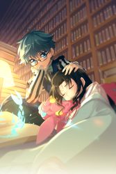 Rule 34 | 1boy, 1girl, aqua bow, aqua bowtie, black hair, blanket, blue eyes, blue hair, blurry, blush, book, book stack, bookshelf, bow, bowtie, closed eyes, closed mouth, commentary request, depth of field, desk lamp, echo (circa), facial mark, fate/extra, fate/extra ccc, fate (series), forehead mark, glasses, hand on another&#039;s head, hans christian andersen (fate), head rest, headpat, indoors, lamp, long sleeves, open book, out of character, parted bangs, puffy sleeves, sessyoin kiara, sleeping, tattoo, wavy hair