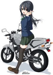 Rule 34 | 1girl, 2017, black hair, black thighhighs, blazer, blush, brown eyes, brown footwear, dated, from side, full body, green skirt, hair between eyes, highres, jacket, loafers, long hair, looking at viewer, looking back, motor vehicle, motorcycle, open mouth, original, school uniform, shoes, signature, simple background, skirt, smile, solo, thighhighs, twitter username, unasaka ryou, v, white background, yamaha, zettai ryouiki