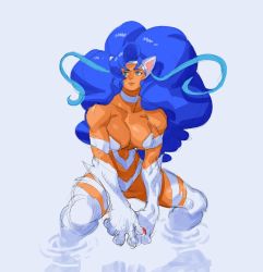 Rule 34 | 1girl, animal ears, animal hands, big hair, blue eyes, blue hair, breasts, cat ears, cat girl, cat paws, cat tail, claws, cromwaits, cropped legs, felicia (vampire), fur, large breasts, long hair, looking away, muscular, muscular female, solo, standing, tail, vampire (game), very long hair, white fur