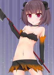 Rule 34 | 1girl, aatsu, bare shoulders, black choker, bob cut, breasts, choker, collarbone, commentary, cowboy shot, elbow gloves, eyelashes, eyes visible through hair, gloves, hip focus, holding, looking at viewer, lowleg, midriff, navel, pink eyes, polearm behind back, purple background, purple hair, raised eyebrows, short hair, small breasts, solo, sparkle, standing, stomach, striped, striped background, touhoku kiritan, vertical stripes, voiceroid