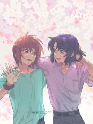 Rule 34 | 2boys, arm around shoulder, athrun zala, belt, blue hair, brown hair, floral background, green eyes, green shirt, grey pants, gundam, gundam seed, hair between eyes, hand in own hair, hand up, highres, kira yamato, looking at another, male focus, multiple boys, nito minatsuki, open mouth, pants, parted bangs, purple eyes, purple shirt, shirt, shirt tucked in, short hair, short sleeves, smile, t-shirt, upper body, watch, wristband, wristwatch
