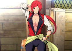 Rule 34 | 1girl, arm up, blush, bracelet, breasts, cleavage, cowboy shot, closed eyes, genderswap, genderswap (mtf), greco roman (spiral brain), hand on own hip, happy, highres, jewelry, large breasts, legs, legs apart, long hair, open mouth, original, pirate, ponytail, red hair, sleeves rolled up, smile, solo, standing, thighs