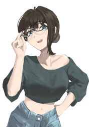 Rule 34 | 1girl, adjusting eyewear, aqua eyes, aqua shorts, arm up, bare shoulders, black-framed eyewear, breasts, brown hair, chinese commentary, collarbone, commentary request, crop top, cropped sweater, denim, denim shorts, glasses, green sweater, hand on own hip, head tilt, highres, midriff, navel, open mouth, original, short hair, shorts, simple background, sleeves past elbows, smile, solo, sweater, teeth, upper body, upper teeth only, white background, xi zhi hergoth