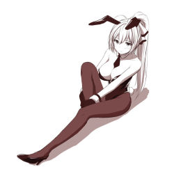 Rule 34 | 10s, 1girl, amagi brilliant park, animal ears, antenna hair, black pantyhose, blush, bow, breasts, cleavage, fake animal ears, female focus, full body, gloves, hair bow, high heels, large breasts, leotard, long hair, looking at viewer, monochrome, necktie, pantyhose, playboy bunny, ponytail, rabbit ears, rabbit tail, sento isuzu, simple background, solo, tail, white background, zaxwu