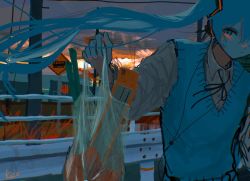 Rule 34 | 1girl, artist name, bag, blue hair, blue sweater vest, collared shirt, grocery bag, hatsune miku, keo (oketa99), power lines, road sign, shirt, shopping bag, sign, solo, spring onion, sunset, sweater vest, twintails, utility pole, vocaloid
