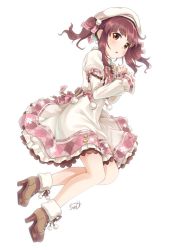 Rule 34 | 1girl, :o, argyle, beret, blush, boots, bow, bowtie, brooch, brown eyes, brown hair, clover, clover print, commentary request, dress, frilled dress, frills, full body, fur trim, hair ribbon, hat, high heel boots, high heels, idolmaster, idolmaster cinderella girls, idolmaster cinderella girls starlight stage, jewelry, long hair, long sleeves, ogata chieri, open mouth, pink ribbon, pom pom (clothes), ribbon, signature, simple background, sleeves past wrists, solo, twintails, tyuga, white background