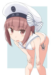 Rule 34 | 1girl, bikini, blue background, border, brown eyes, brown hair, clothes writing, dress, hat, kantai collection, kugui kiyunemu, leaning forward, sailor bikini, sailor collar, sailor dress, sailor hat, short hair, smiley face, solo, standing, swimsuit, two-tone background, white bikini, white border, white hat, z3 max schultz (kancolle)