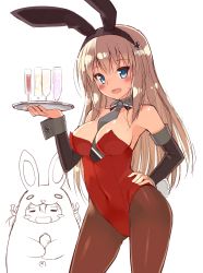 Rule 34 | 10s, 2girls, :d, alternate costume, animal costume, animal ears, bare shoulders, between breasts, bismarck (kancolle), blonde hair, blue eyes, blush, blush stickers, breasts, cleavage, covered navel, cup, detached collar, fake animal ears, hand on own hip, highres, kantai collection, large breasts, leotard, long hair, looking at viewer, multiple girls, necktie, necktie between breasts, ohta yuichi, open mouth, pantyhose, playboy bunny, prinz eugen (kancolle), rabbit ears, rabbit tail, simple background, smile, tail, tray, white background, wrist cuffs