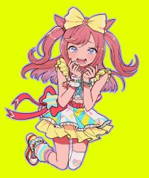 Rule 34 | 1girl, agnes digital (umamusume), animal ears, belt, blue eyes, blush, bow, discowars, full body, hair bow, horse ears, horse girl, horse tail, jumping, looking at viewer, midriff, open mouth, pink hair, simple background, solo, tail, umamusume, yellow background