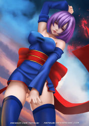 Rule 34 | 1girl, arm up, ayane (doa), bad id, bad pixiv id, bare shoulders, blue thighhighs, bow, breasts, cloud, cowboy shot, dead or alive, detached sleeves, from below, gluteal fold, hair between eyes, large breasts, lips, looking at viewer, nefrubi, no panties, obi, parted lips, patreon username, purple hair, red eyes, sash, short hair, sky, strapless, sunset, tecmo, thighhighs, watermark, web address
