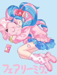 Rule 34 | 1girl, absurdres, blue background, blue hair, blue skirt, cellphone, character name, closed eyes, creatures (company), fairy miku (project voltage), flower, game freak, gen 1 pokemon, hair flower, hair ornament, hatsune miku, heart, highres, jewelry, jigglypuff, leg warmers, long hair, long sleeves, lying, miniskirt, nail polish, nintendo, on side, phone, pillow, pink footwear, pink hair, pink nails, pokemon, pokemon (creature), project voltage, scrunchie, shoes, simple background, skirt, sleeping, smartphone, smartphone case, smile, tsubsa syaoin, twintails, very long hair, vocaloid, wrist scrunchie