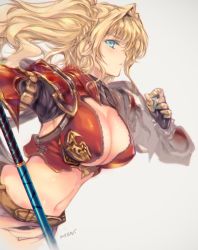 Rule 34 | 10s, 1girl, armor, bikini armor, blonde hair, blue eyes, breasts, cleavage, from side, granblue fantasy, grey background, large breasts, min-naraken, polearm, red armor, simple background, solo, weapon, zeta (granblue fantasy)