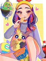 Rule 34 | 1girl, black hair, border, bottle, carmine (pokemon), chips (food), cola, commentary request, creatures (company), dudunsparce, eating, eyelashes, floating, food, game freak, gen 8 pokemon, grey sweater, grid background, hairband, heart, highres, long hair, morpeko, multicolored hair, nfvw2evamr86075, nintendo, open mouth, outside border, pokemon, pokemon (creature), pokemon sv, potato chips, red hair, simple background, sinistcha, sitting, sweater, two-tone hair, white border, yellow background, yellow eyes, yellow hairband