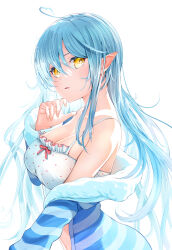 Rule 34 | 1girl, ahoge, bare shoulders, blue hair, breasts, camisole, cleavage, coat, fur trim, hair between eyes, heart, heart ahoge, highres, hololive, jacket, large breasts, long hair, looking at viewer, navel, official alternate costume, open clothes, open coat, parted lips, pointy ears, polka dot, see-through silhouette, simple background, solo, striped clothes, striped jacket, takahira (takahirac562), upper body, very long hair, virtual youtuber, white background, yellow eyes, yukihana lamy, yukihana lamy (4th costume)