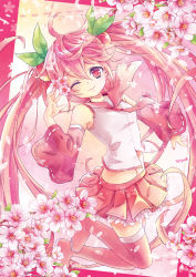 Rule 34 | 1girl, artist name, boots, cherry blossoms, detached sleeves, flower, hair flower, hair ornament, hatsune miku, long hair, midriff, one eye closed, pink eyes, pink footwear, pink hair, sailor collar, sakura miku, see-through, skirt, smile, solo, thigh boots, thighhighs, twintails, very long hair, vocaloid, wink, zenyu