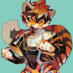 Rule 34 | 1girl, animal ears, arknights, blue background, chinese clothes, clenched hands, fighting stance, furry, furry female, looking at viewer, moonagvaze, open mouth, orange-tinted eyewear, orange eyes, solo, tail, tassel, tiger ears, tiger girl, tiger tail, tinted eyewear, upper body, waai fu (arknights)