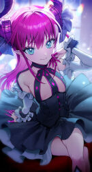 Rule 34 | 1girl, absurdres, aqua eyes, asymmetrical horns, black dress, closed mouth, commentary, crossed legs, curled horns, dragon girl, dragon horns, dragon tail, dress, elizabeth bathory (fate), elizabeth bathory (fate/extra ccc), elizabeth bathory (first ascension) (fate), fate/grand order, fate (series), finger cots, flat chest, highres, horns, long hair, looking at viewer, pamipamu, pointy ears, red hair, sitting, smile, solo, tail, uneven horns, white arm warmers