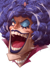 Rule 34 | 1boy, :d, absurdres, afro, black hair, blue eyeshadow, constricted pupils, cropped head, crown, devil fruit power, emporio ivankov, eyelashes, eyeshadow, highres, incoming attack, large chin, lipstick, makeup, male focus, one eye closed, one piece, open mouth, patrick ganas, purple hair, smile, solo, wind