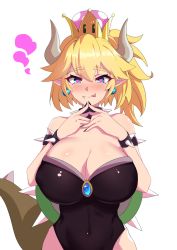 Rule 34 | 1girl, :q, armlet, black leotard, black nails, blonde hair, blue eyes, blush, bowsette, bracelet, breasts, cleavage, closed mouth, collar, commentary request, covered navel, crown, earrings, fang, fang out, fidgeting, fingernails, gem, hands on own chest, hands up, heart, heart-shaped pupils, horns, jewelry, large breasts, leotard, long fingernails, mario (series), nail polish, naughty face, new super mario bros. u deluxe, nintendo, nose blush, pointy ears, ponytail, simple background, solo, spiked armlet, spiked bracelet, spiked collar, spikes, strapless, strapless leotard, super crown, symbol-shaped pupils, tail, thick eyebrows, tongue, tongue out, tucao xiansen, turtle shell, upper body, white background