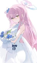 Rule 34 | 1girl, absurdres, bare shoulders, blue archive, blush, bouquet, breasts, commentary request, dress, flower, hair between eyes, halo, highres, holding, holding bouquet, kabedoru, long hair, looking at viewer, low wings, medium breasts, mika (blue archive), pink hair, simple background, solo, white background, white dress, white wings, wings, yellow eyes