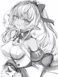 Rule 34 | 1girl, bow, bowtie, breasts, cleavage, detached sleeves, elf, gloves, greyscale, hair bow, highres, hololive, large breasts, long sleeves, looking at viewer, monochrome, nanashi (nlo), pointy ears, ponytail, shiranui flare, shiranui flare (1st costume), smile, solo, virtual youtuber